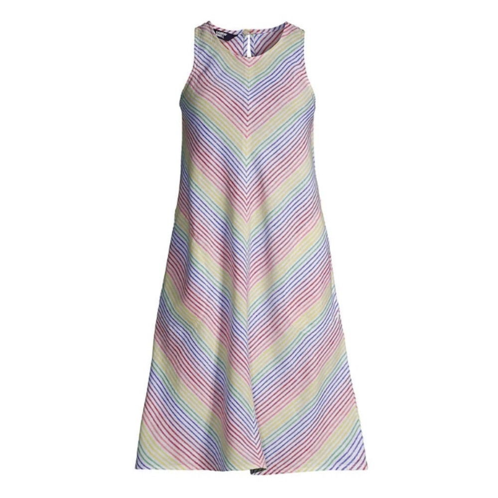 Lands' End Sleeveless Rainbow Stripe Knee Length Linen Swing Dress